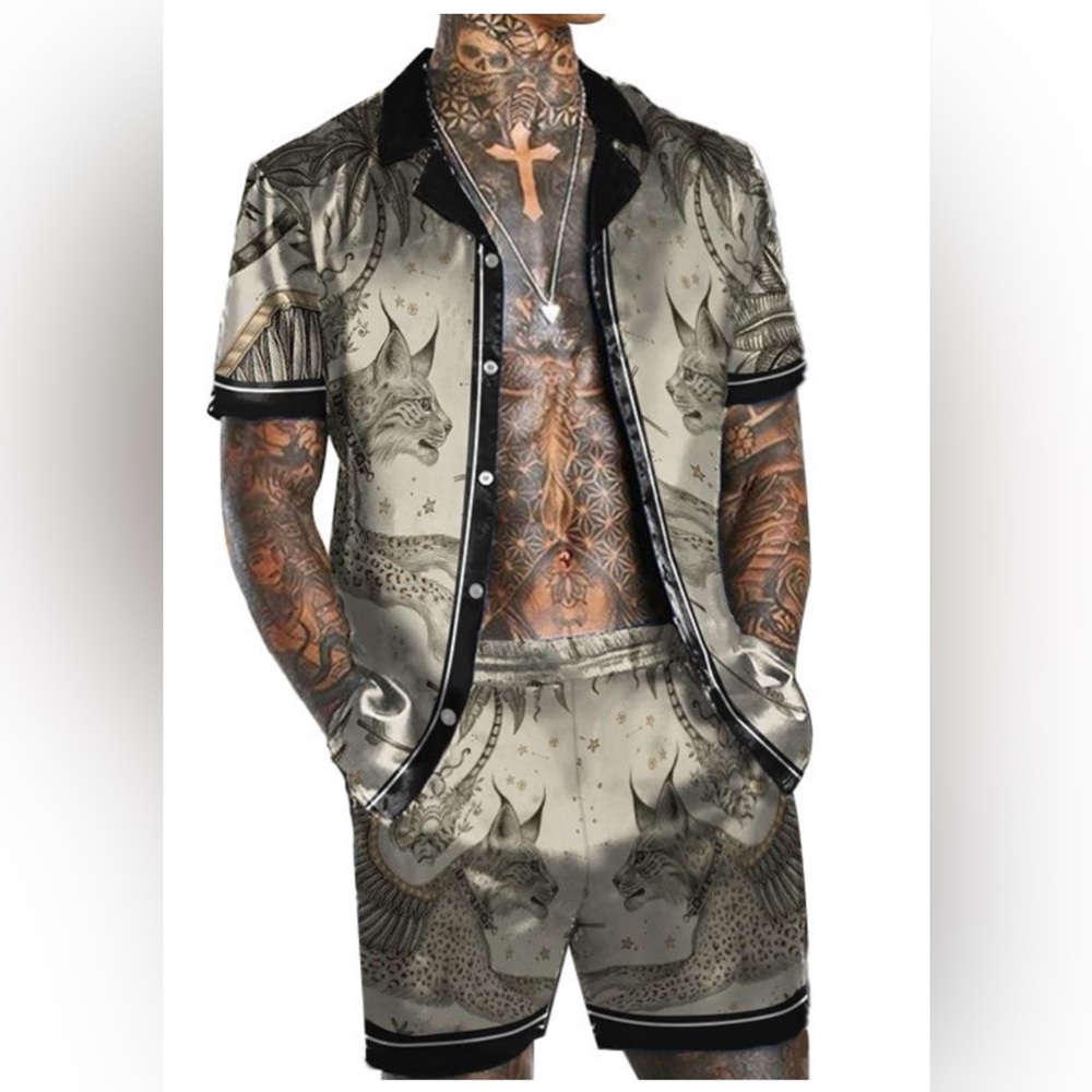 Menalvin MEN’S LEOPARD PRINT SHORT SLEEVE SHIRT SET 12243143L